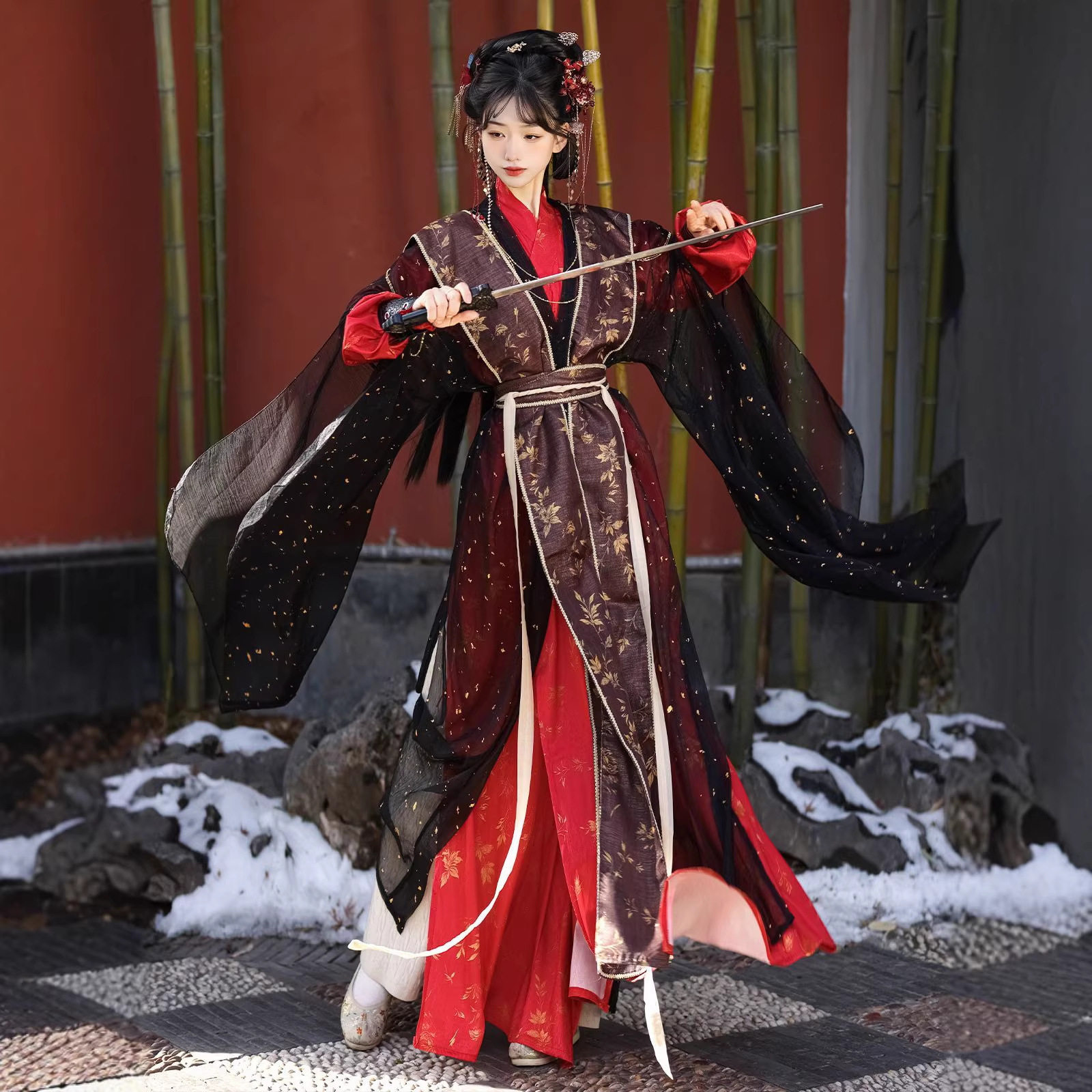 原创烫金红黑汉服2026新款交领齐腰男女同款仙侠古风改良日常古装