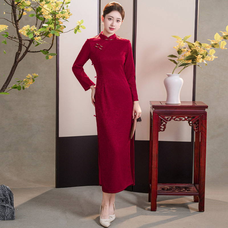 红色加绒加厚冬装国风中式长款长袖旗袍改良女复古收腰拜年服冬季