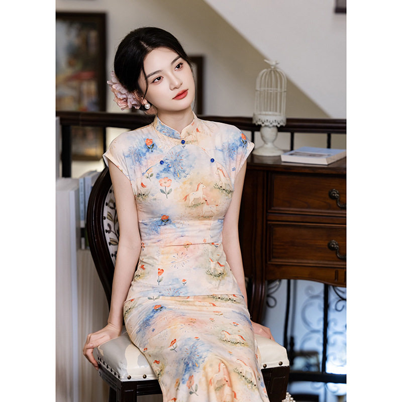 新中式晕染改良旗袍裙小个子春夏季新款连袖显瘦修身连衣裙女