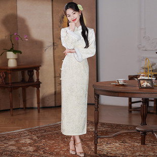 白色加绒加厚冬装国风新中式长款长袖改良旗袍2026新款女复古