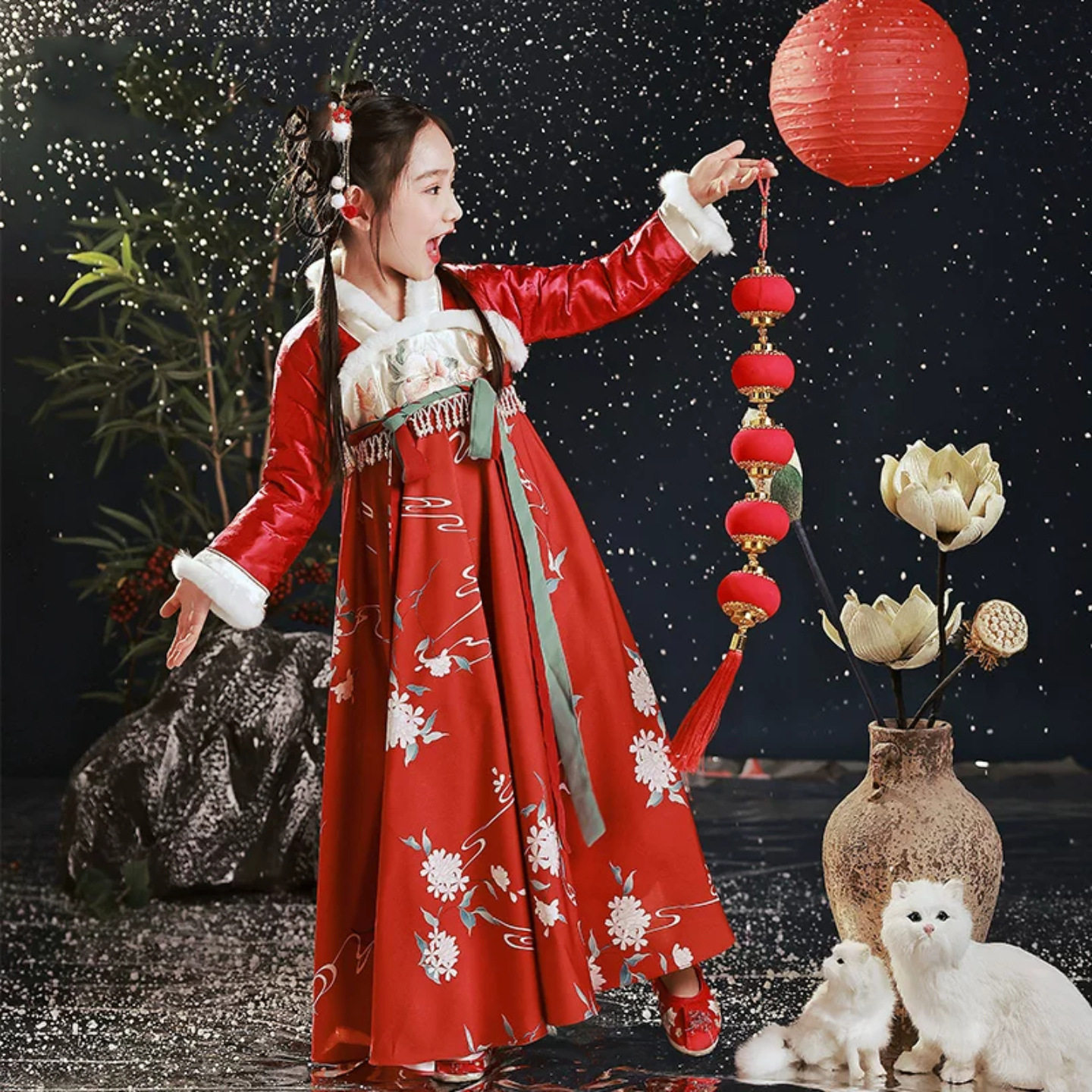 原创女童汉服秋冬装新中式儿童喜庆礼服裙唐装中国风加厚襦裙披风
