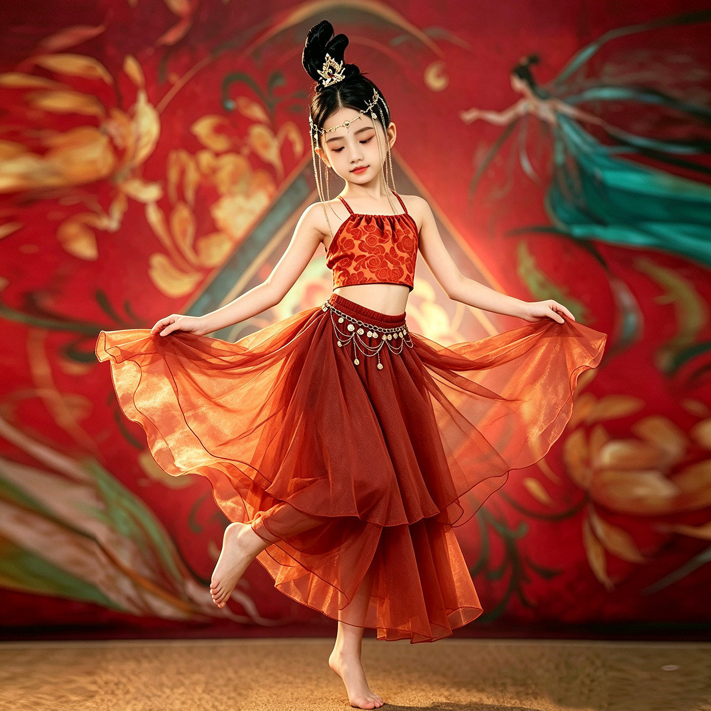 原创女童演出服儿童敦煌舞蹈服桑蚕丝提花上衣锦丝皱大摆裙西