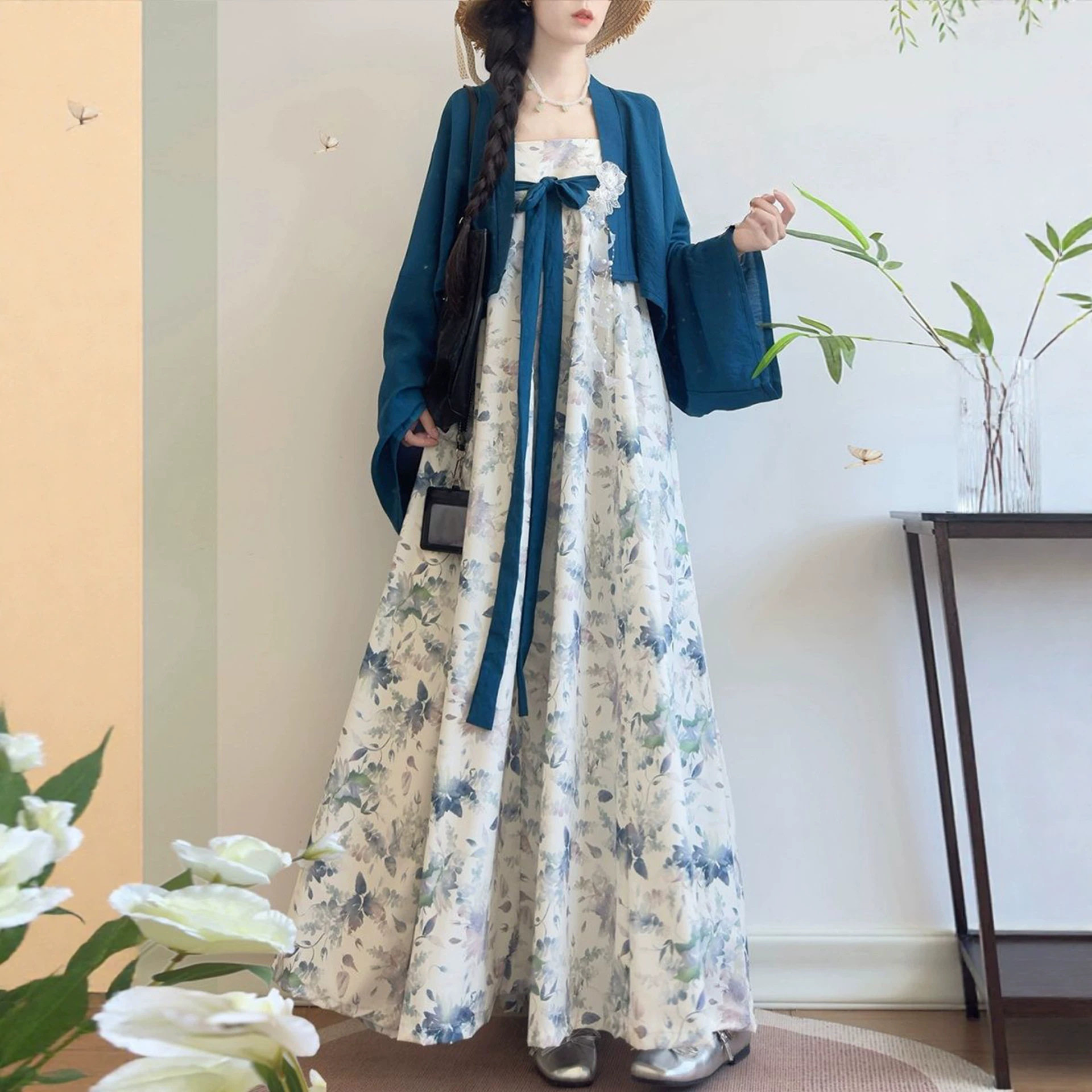 改良汉服法门寺披衫碎花吊带日常汉元素新中式蓝色外搭花卉连衣裙