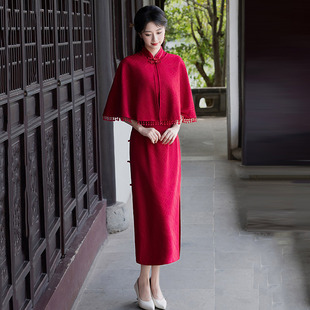 红色国风新中式长款春秋季旗袍2026新款女复古修身披肩两件套装