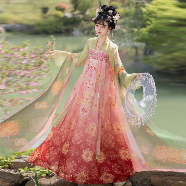 闺蜜新款春夏长安春昼汉服女唐制复原一片式齐胸刺绣八破群日常春