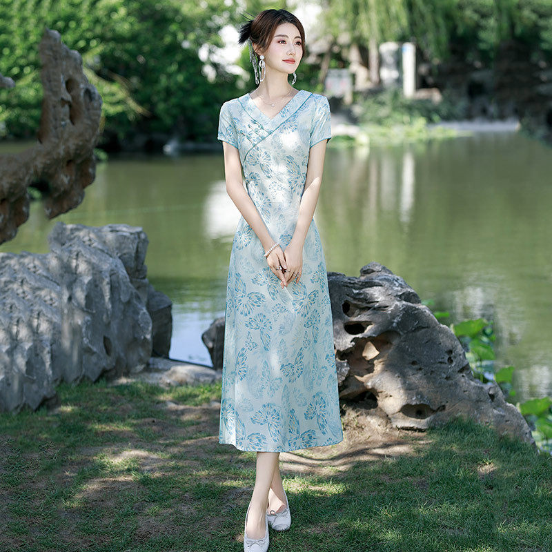 靓伊铺复古女中气质民国风夏季旗袍日常可穿长款改良天丝麻连衣裙
