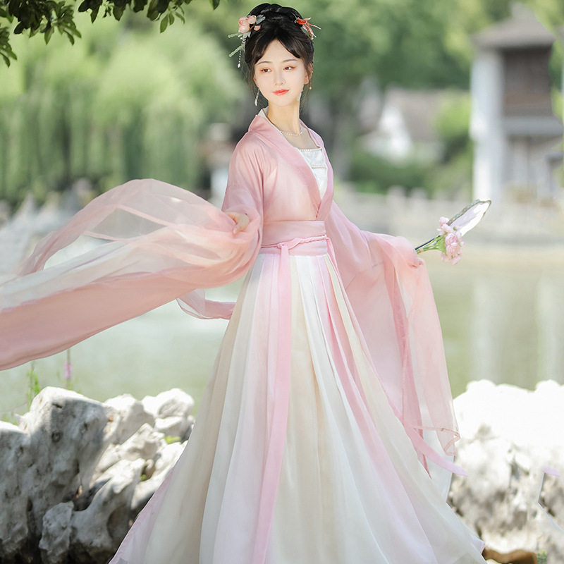粉色成人汉服女2026新款齐腰襦裙古装仙气广袖改良日常春夏季薄款