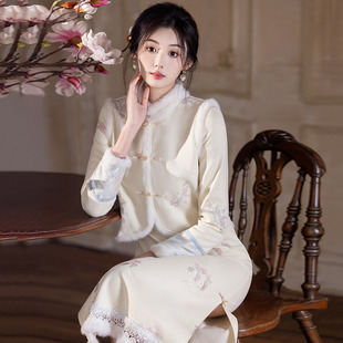 白色加厚冬装国风新中式长袖改良旗袍年轻女马甲两件套装秋冬季