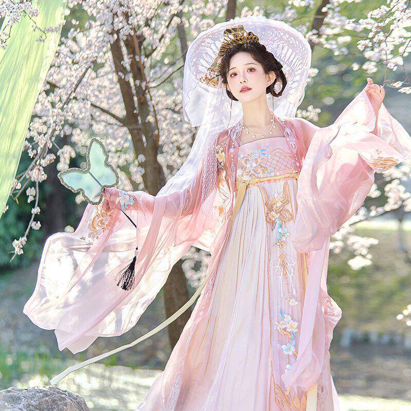 原创唐制汉服齐胸诃子齐腰重工春夏大袖新款刺绣绣花套装日常