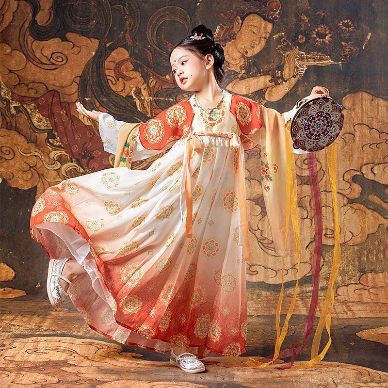 女童汉服襦裙女敦煌唐朝公主古装古风女童春秋套装长袖儿童连衣裙