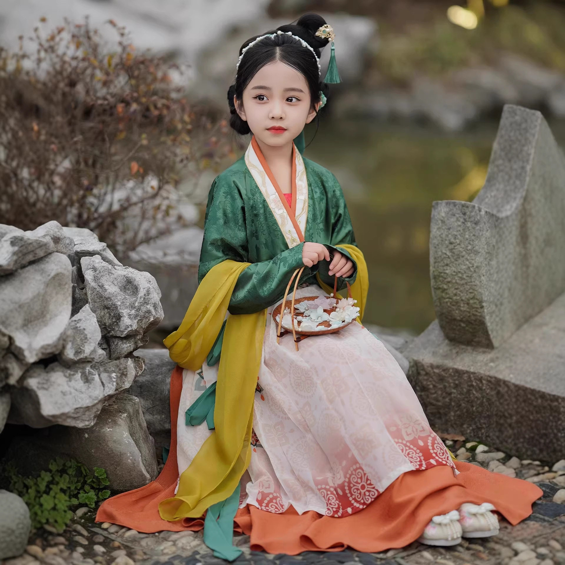 原创汉服女童宋制直领对襟衫中国风古装摄影儿童唐装宝宝日常套装