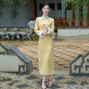 黄色加绒加厚冬装国风新中式长袖旗袍改良年轻款女复古收腰