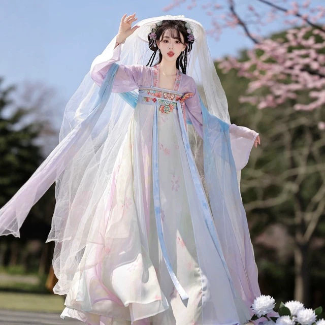闺蜜新款女士花蝶予唐制齐胸渐变色破裙超仙气日常汉服套装姐妹款