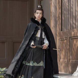 原创汉服斗篷2026新款黑色斗篷加绒加厚冬季加长双面尼男女款外套