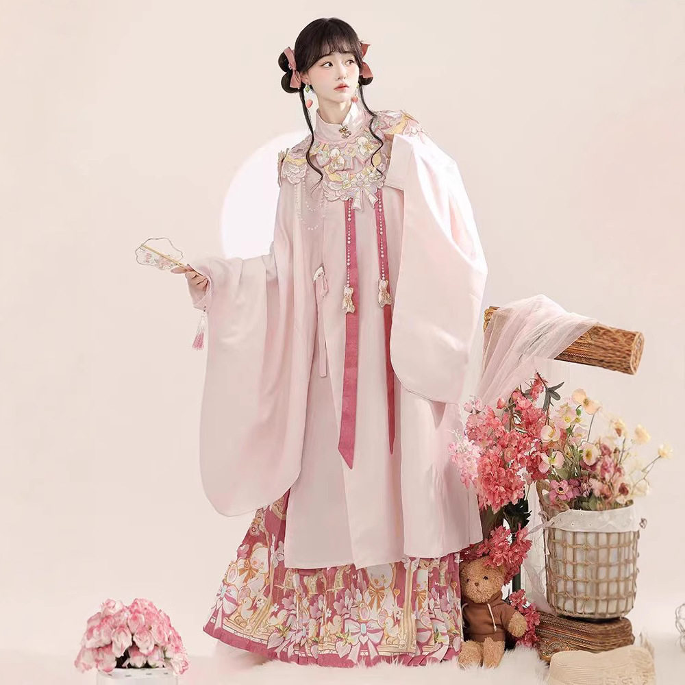 春季新款汉服女成人明制重工刺绣云肩长衫马面裙粉嫩套装日常穿