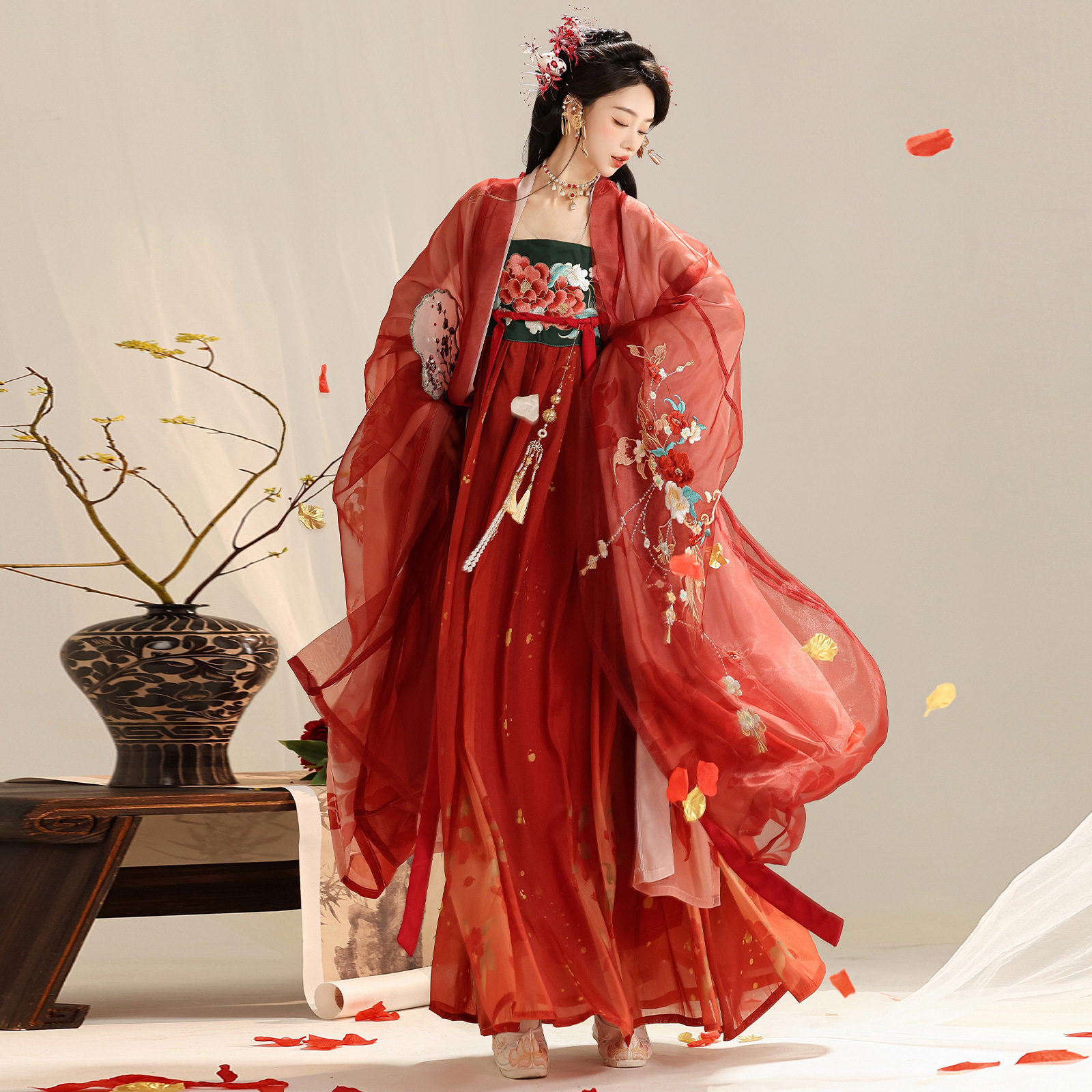 原创十二花神唐制汉服女2026款重工刺绣诃子裙红色大袖衫国风古装