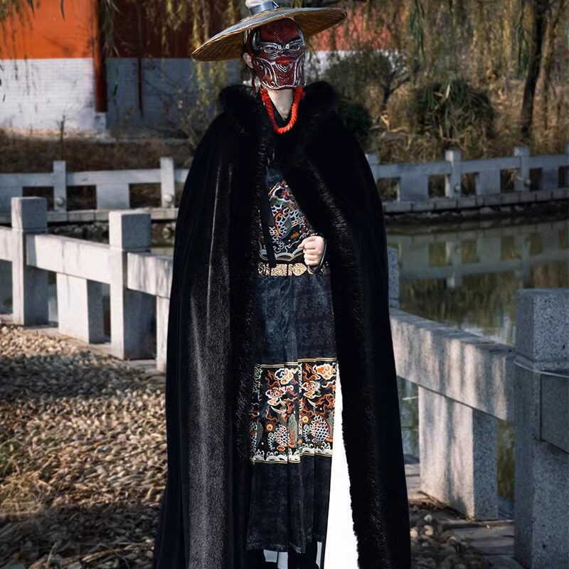 正版汉服斗篷长款加绒加厚水貂绒连帽披风古装保暖连帽外套秋冬季