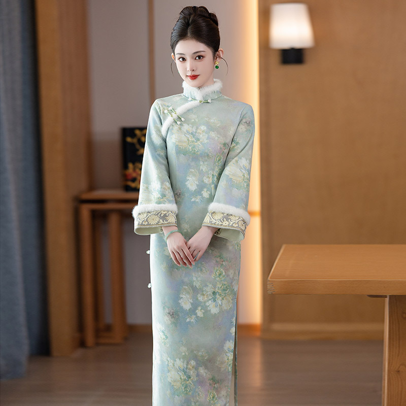 绿色加绒国风苏州长袖改良旗袍冬季厚款女新中式2025新款复古秋冬