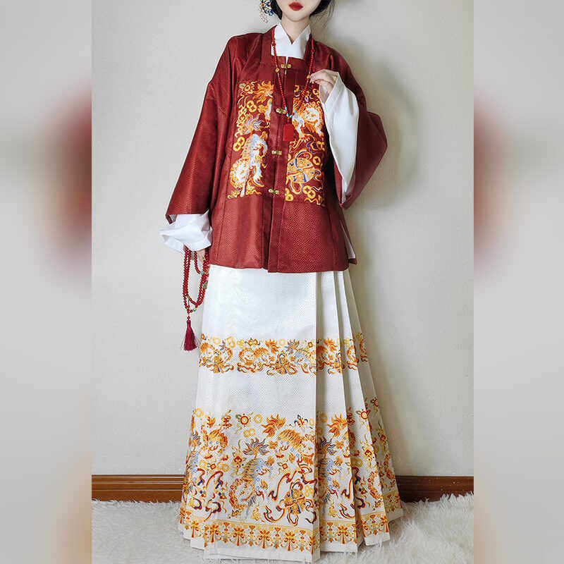 明制汉服【熹狮戏球】明制汉服女方领补服短袄半袖日常马面裙套装