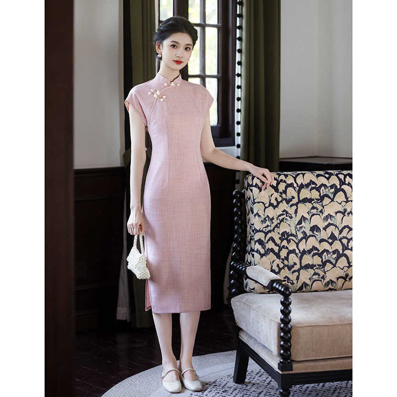 新中式改良粉色旗袍夏季新款文艺国风显瘦气质小个子连衣裙女