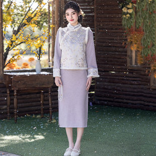 冬款加厚长款改良长袖旗袍马甲两件套装2026新款女复古拜年服冬季