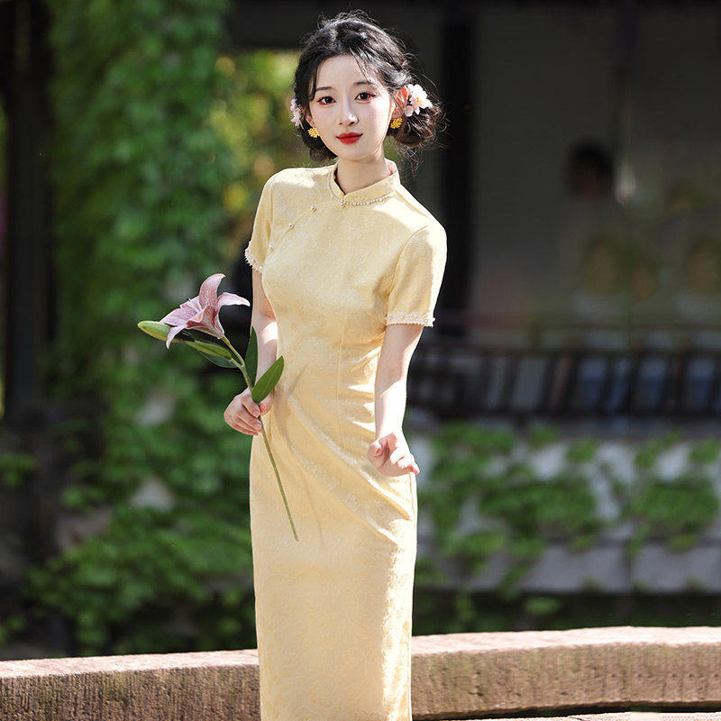 黄色送考新中式苏州长款旗袍改良年轻款2026新款女感小个子夏
