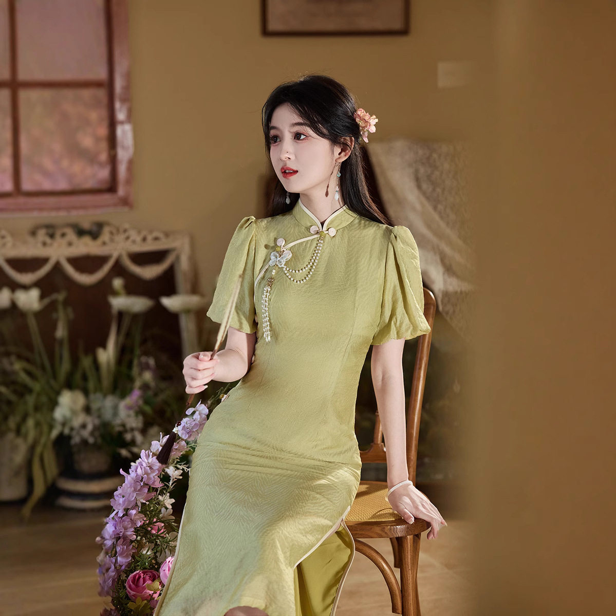 2025年春夏秋新款改良旗袍气质长款欧若绿日常流苏国风文艺小个子