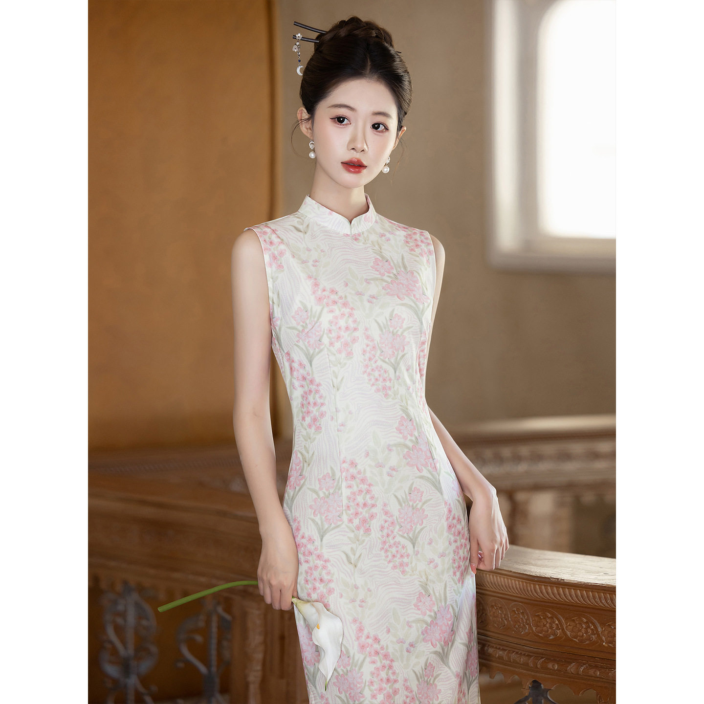 新中式国风年轻款绝美杏色旗袍粉色印花2026夏季日常感连衣裙