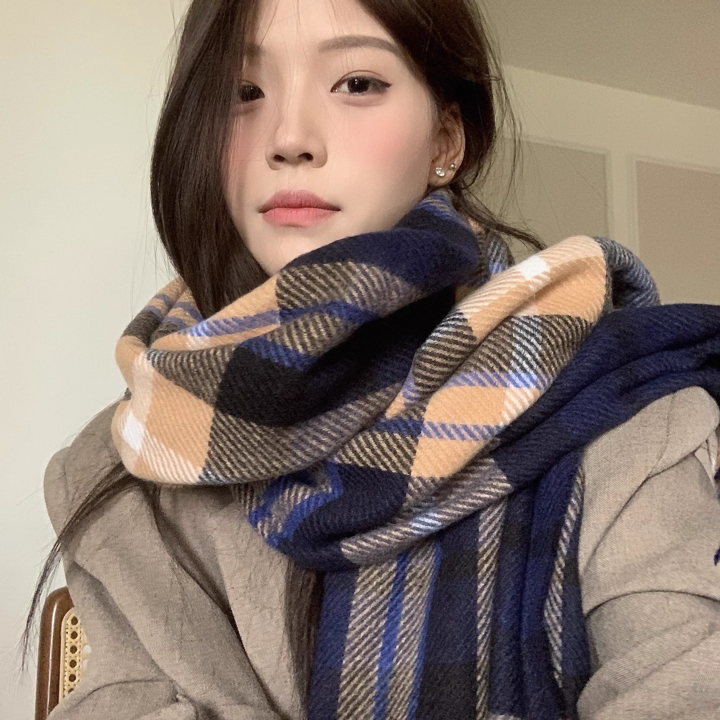 日本单尾货格子围巾披巾冬季男女保暖仿羊绒长方形两用韩款21年新