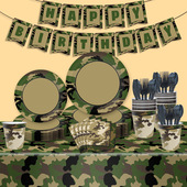 新款 退伍军人迷彩主题男孩一次性生日派对拉旗纸盘纸杯纸巾套装