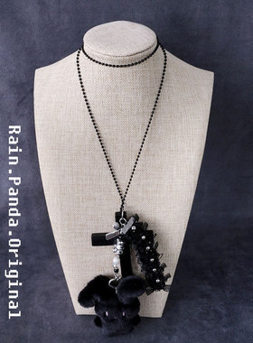 雨熊自制哥特lolita项链y2k黑兔十字蕾丝长链亚文化毛衣链