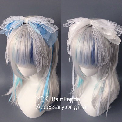 蓝色白色纱蝴蝶结发箍顶夹