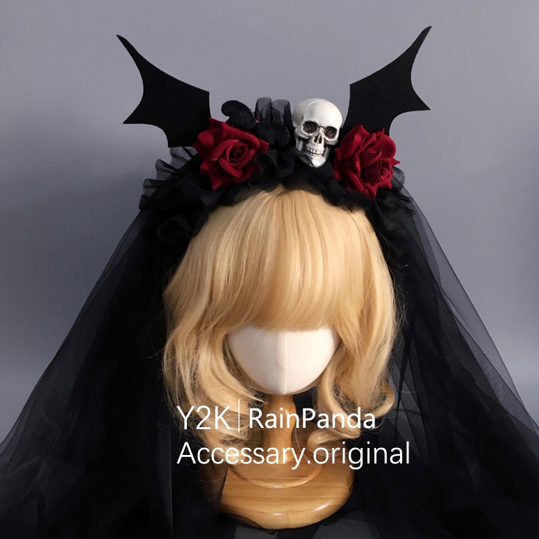 哥特暗黑玫瑰发夹魔女头纱发箍lolita大恶魔翅膀头饰万圣节自制