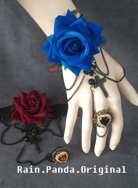 雨熊自制哥特黑蓝lolita玫瑰戒指手链ins暗黑蕾丝护腕万圣节