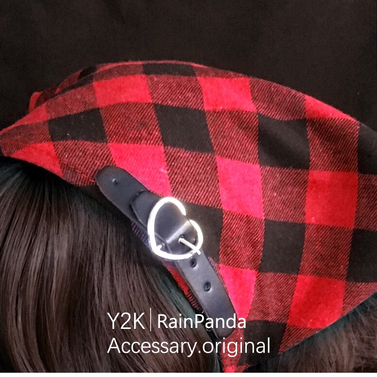 thumbnail for Original handmade Y2K Girl Triangle Scarf, Headband, Headband, Dark Black Earth, Cool, Millennial Subculture, Plaid Purple