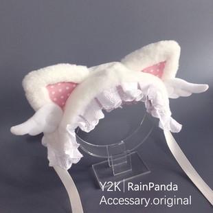 日系亚文化Lolita猫耳发带Y2K天使翅膀头箍可爱毛绒发箍少女头饰