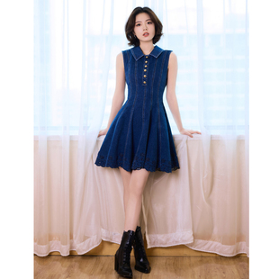 赵今麦同款无袖牛仔连衣裙女中长款骄阳似我庆功娃娃领修身A字裙