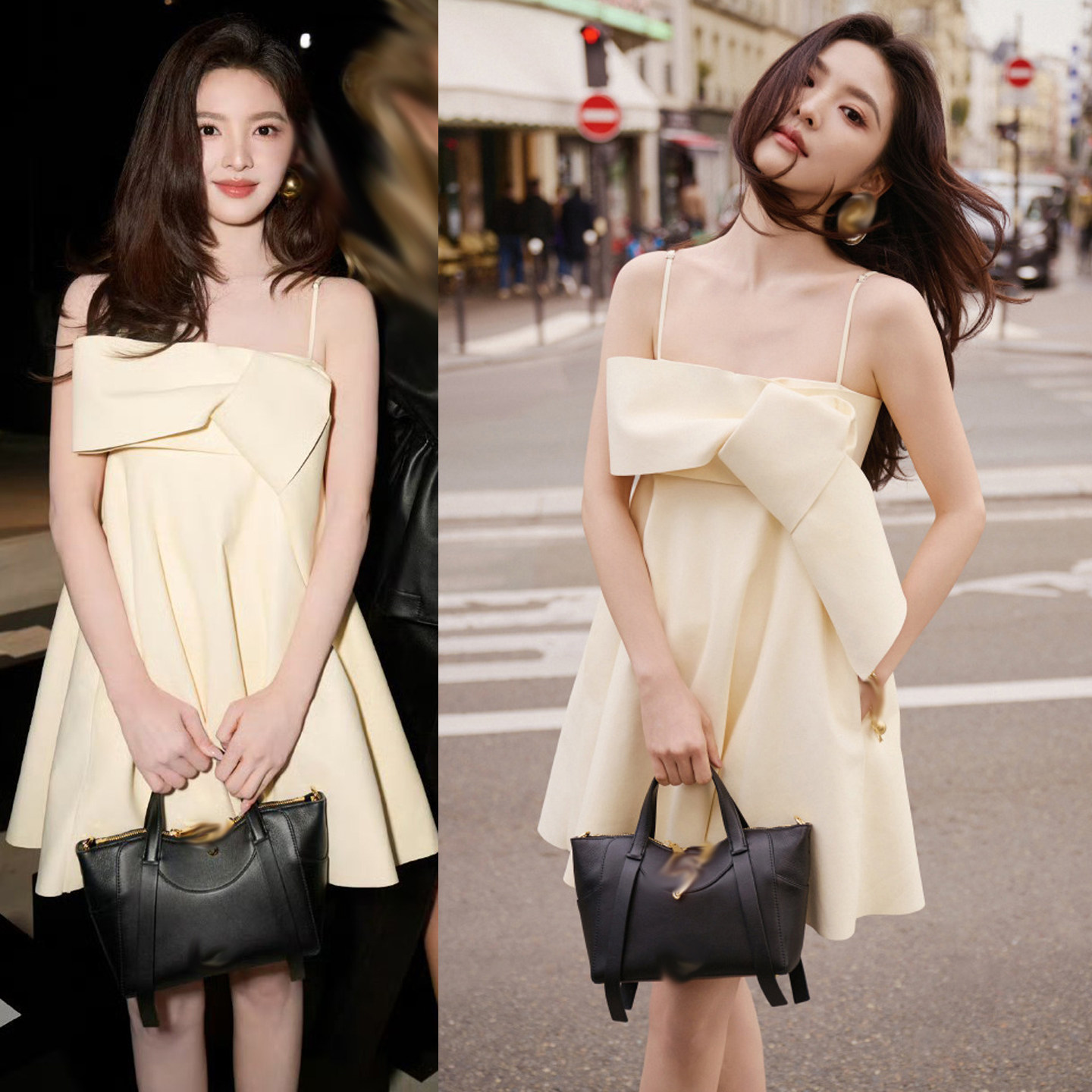 章若楠同款奶油色吊带裙蝴蝶结韩版2026夏季巨好看遮肚连衣裙女春