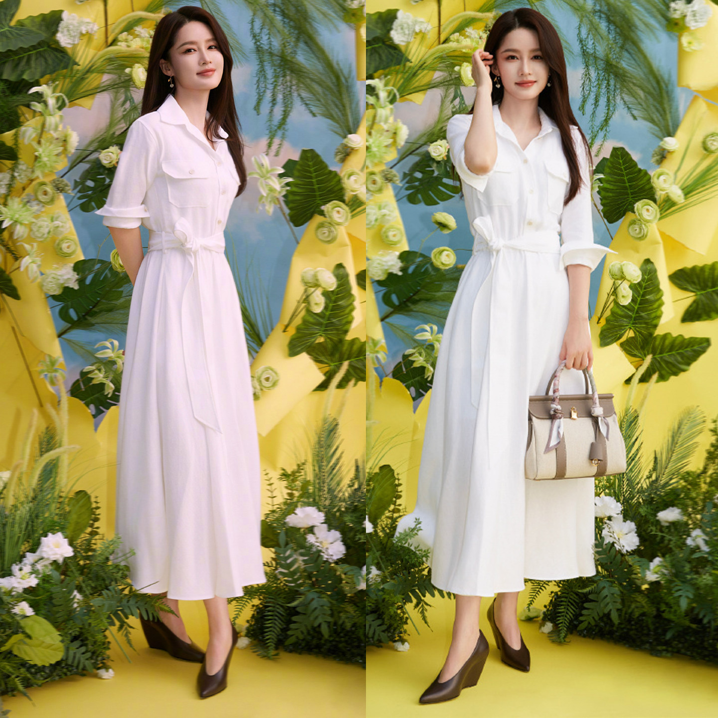李沁同款白色衬衫裙法式白月光长袖简约工装裙系带大摆连衣裙女夏