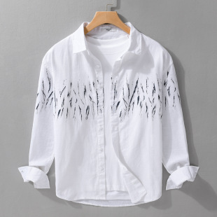 宽松印花长袖 春秋新款 拼色休闲男式 亚麻衬衫 防晒衬衣外套 翻领男士