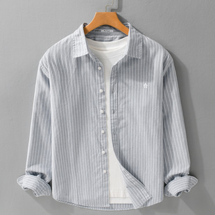 衬衫 条纹长袖 休闲刺绣宽松宽松百搭衬衣外套 经典 100%纯棉春秋男式