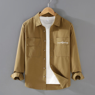 100%纯棉春夏季新款双口袋洋气绿色衬衫男士纯色百搭长袖薄款衬衣