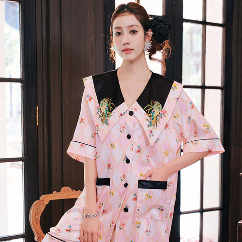 ANNZ睡衣女仿真丝冰丝刺绣家居服