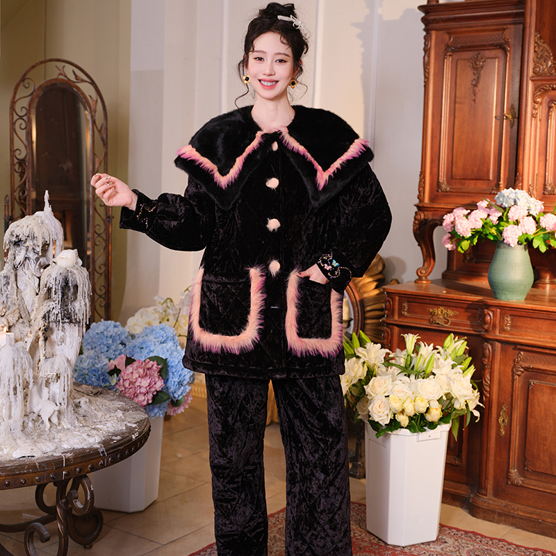 三层加棉加厚夹棉睡衣家居服套装