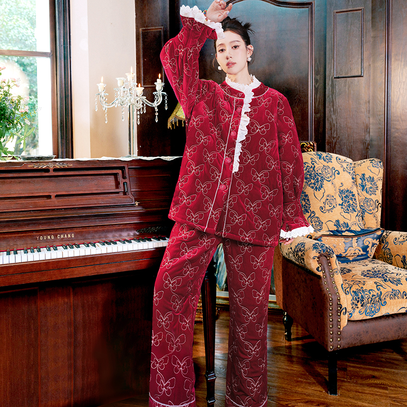 金线蝴蝶绗绣三层夹棉加厚加绒女