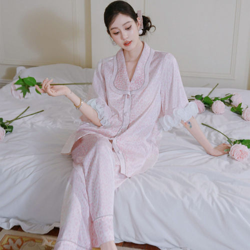 原创水光锻仿真丝睡衣带胸垫家居服水钻粉豹纹春夏三件套装可外穿