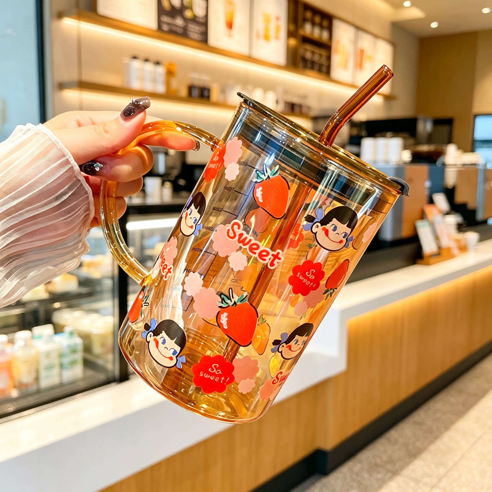 可爱大容量玻璃水杯1L带吸管