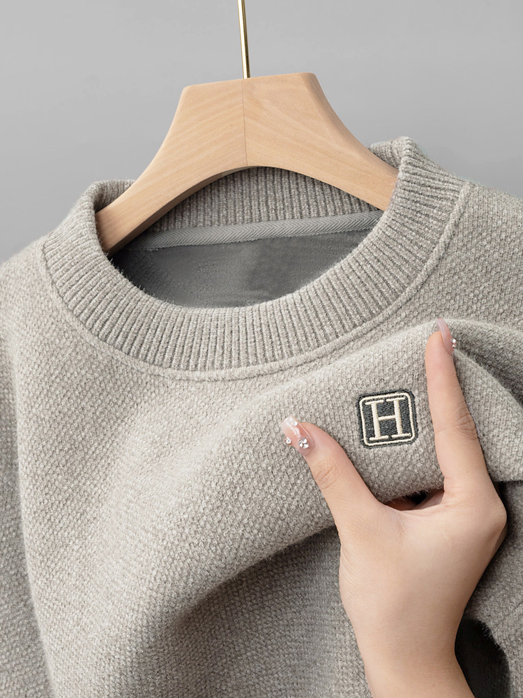 (Integrated velvet) High-end round neck sweater men's thickened velvet thermal top Chenille sweater pull-up base shirt