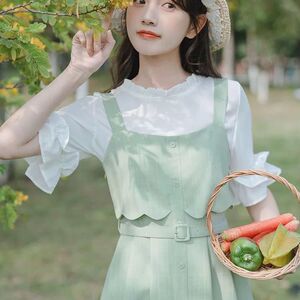 森系小清新甜美背带裙子学生连衣裙女夏季荷叶边短袖衬衫两件套装