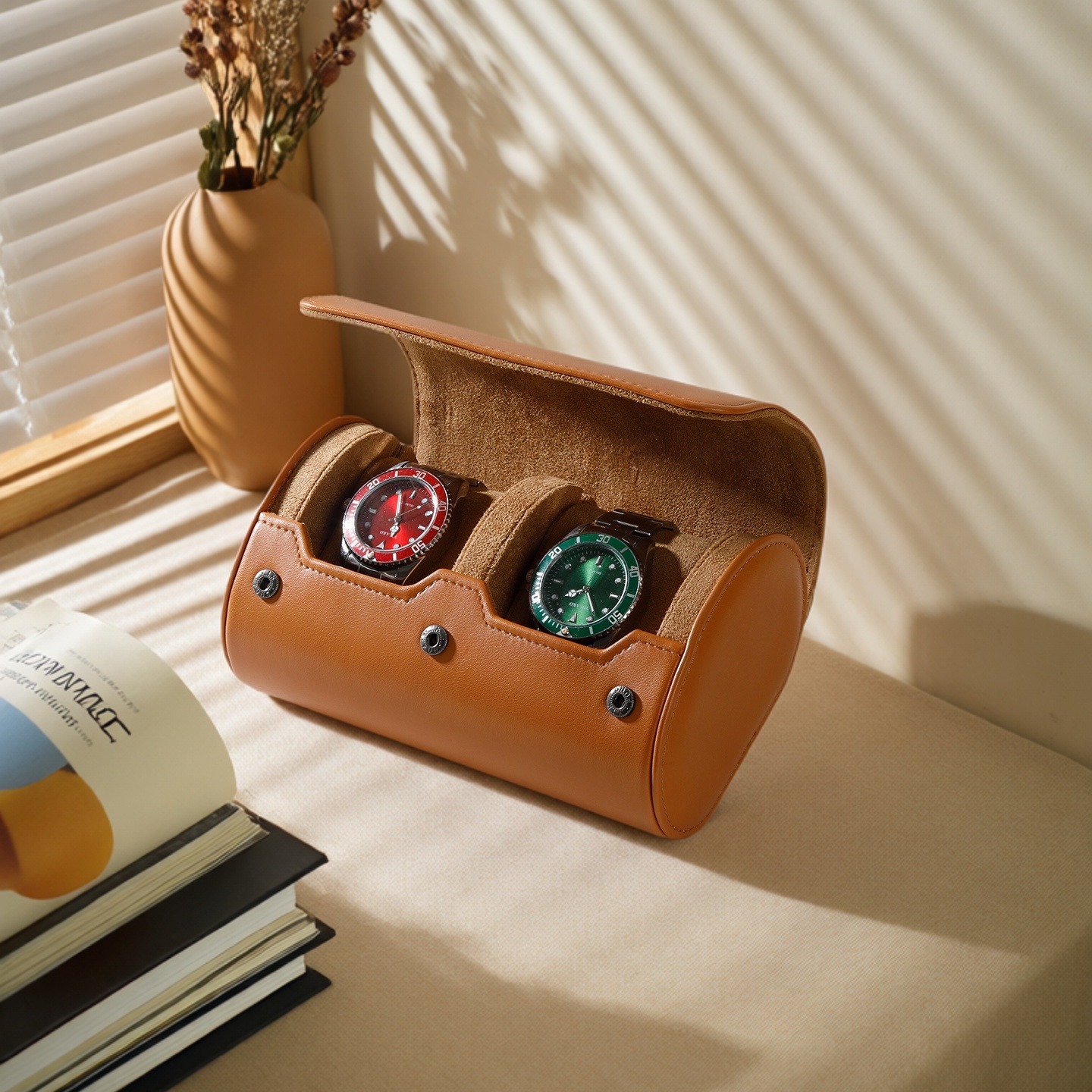 2025皮革手表收纳盒高端双位橙色手表盒出口品质腕表机械表收藏盒